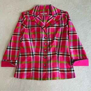 Marisa Baratelli Women's Blouse Size 4 Pink Plaid Button Up Thai Silk